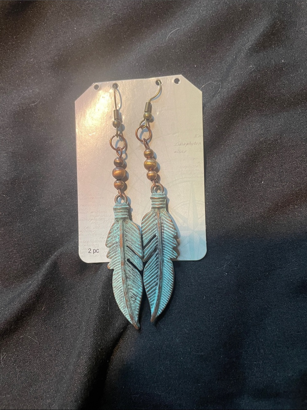 Patina Turquoise Feather Drop Earrings with Antique Brass Beads